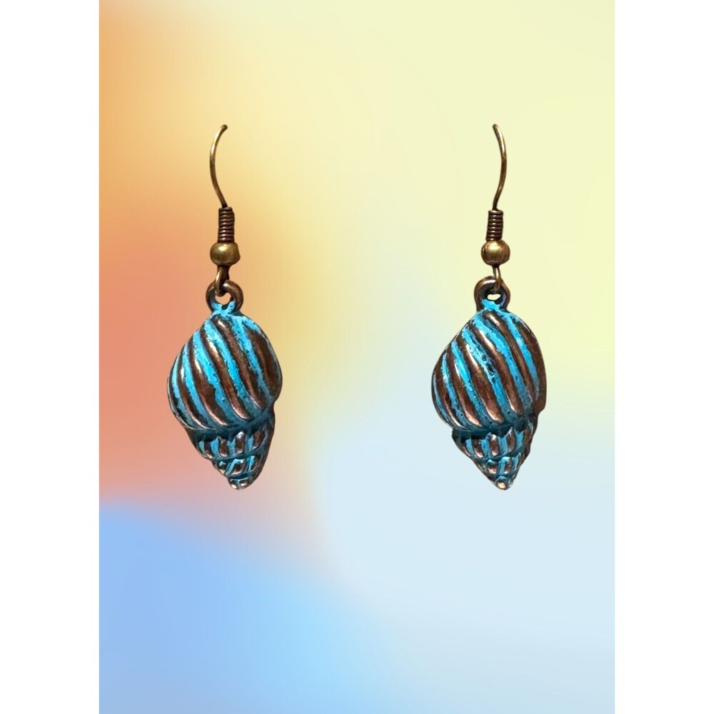 Patina Copper Shell Charm on Copper Earrings #2241